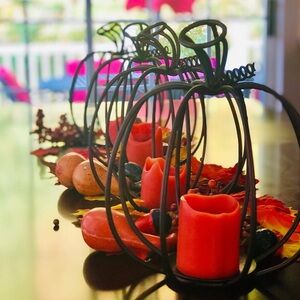 Set of faux pumpkins, gourds and leaves